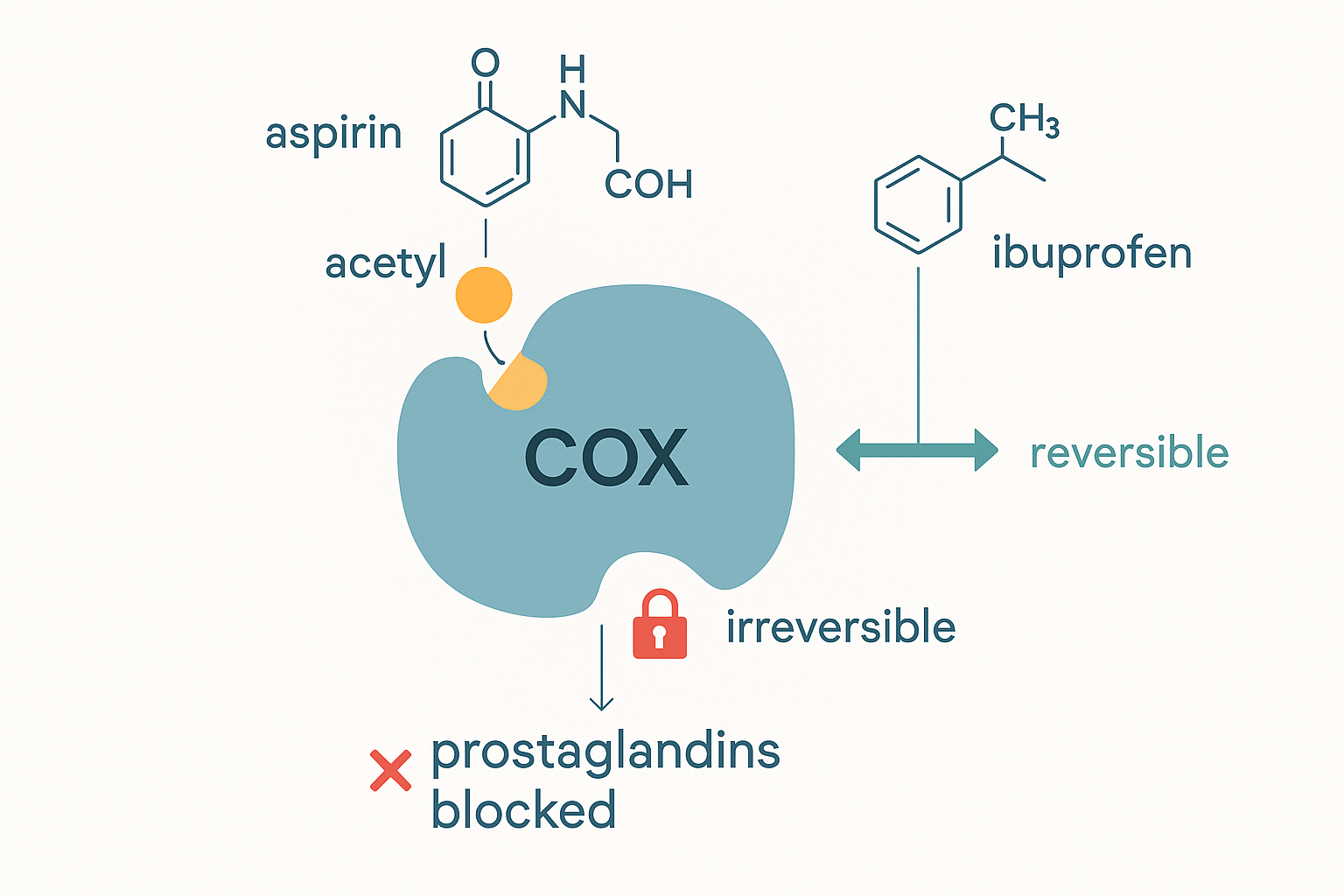 Flat vector molecular illustration of aspirin transferring its acetyl group onto Serine 530 in the COX active site, permanently disabling the enzyme, contrasted with a reversible NSAID that comes and goes, and the resulting block of arachidonic acid conversion to prostaglandins and thromboxane