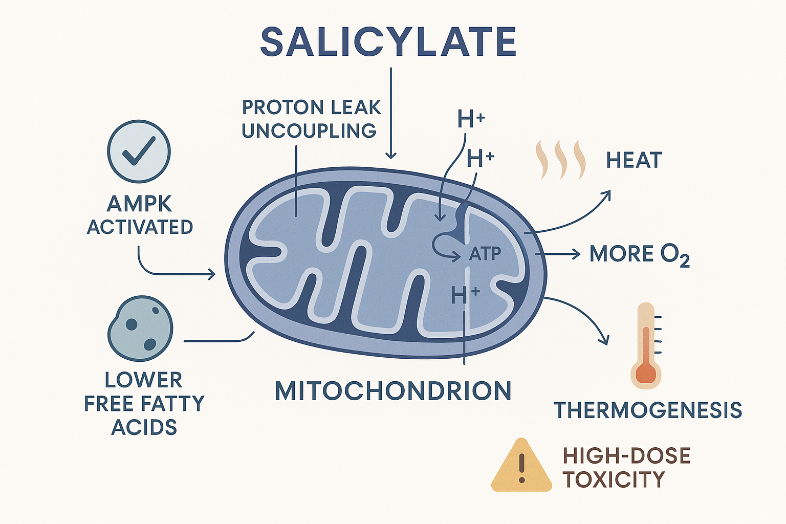 Flat vector infographic of aspirin's salicylate metabolic effects centred on a mitochondrion mildly uncoupled by proton leak releasing heat and consuming more oxygen, surrounded by AMPK activation, lower free fatty acids and thermogenesis, with a high-dose toxicity warning