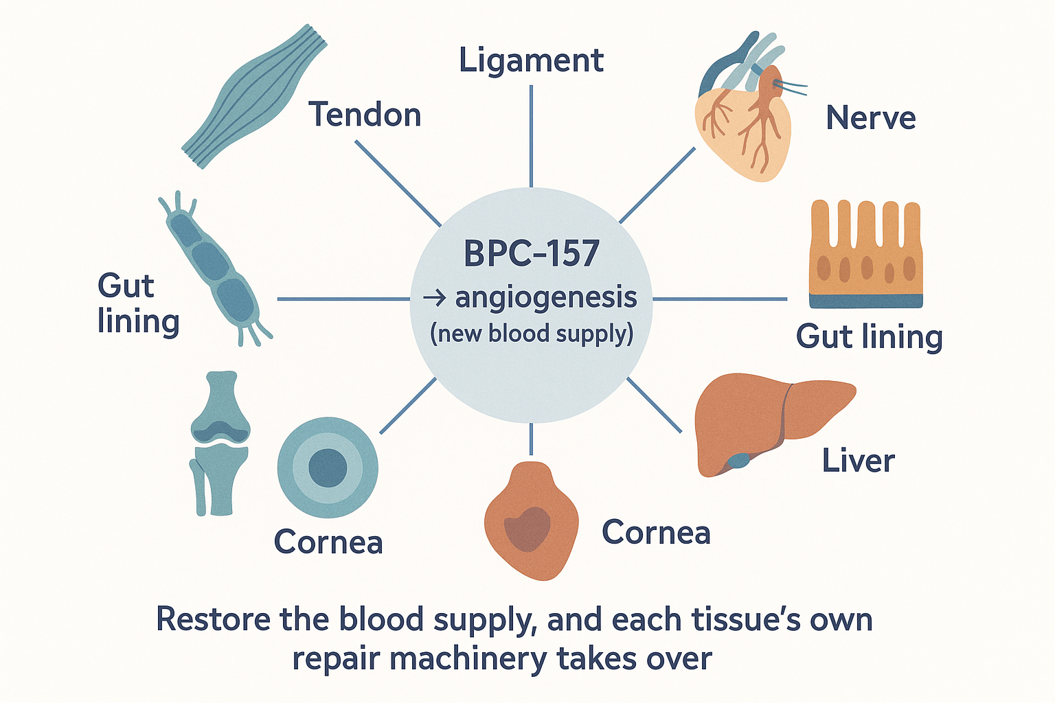 A hub-and-spoke diagram with BPC-157 driving angiogenesis (new blood supply) at the centre, radiating out to many tissues it repairs — tendon, ligament, nerve, gut lining, bone, liver, cornea and heart