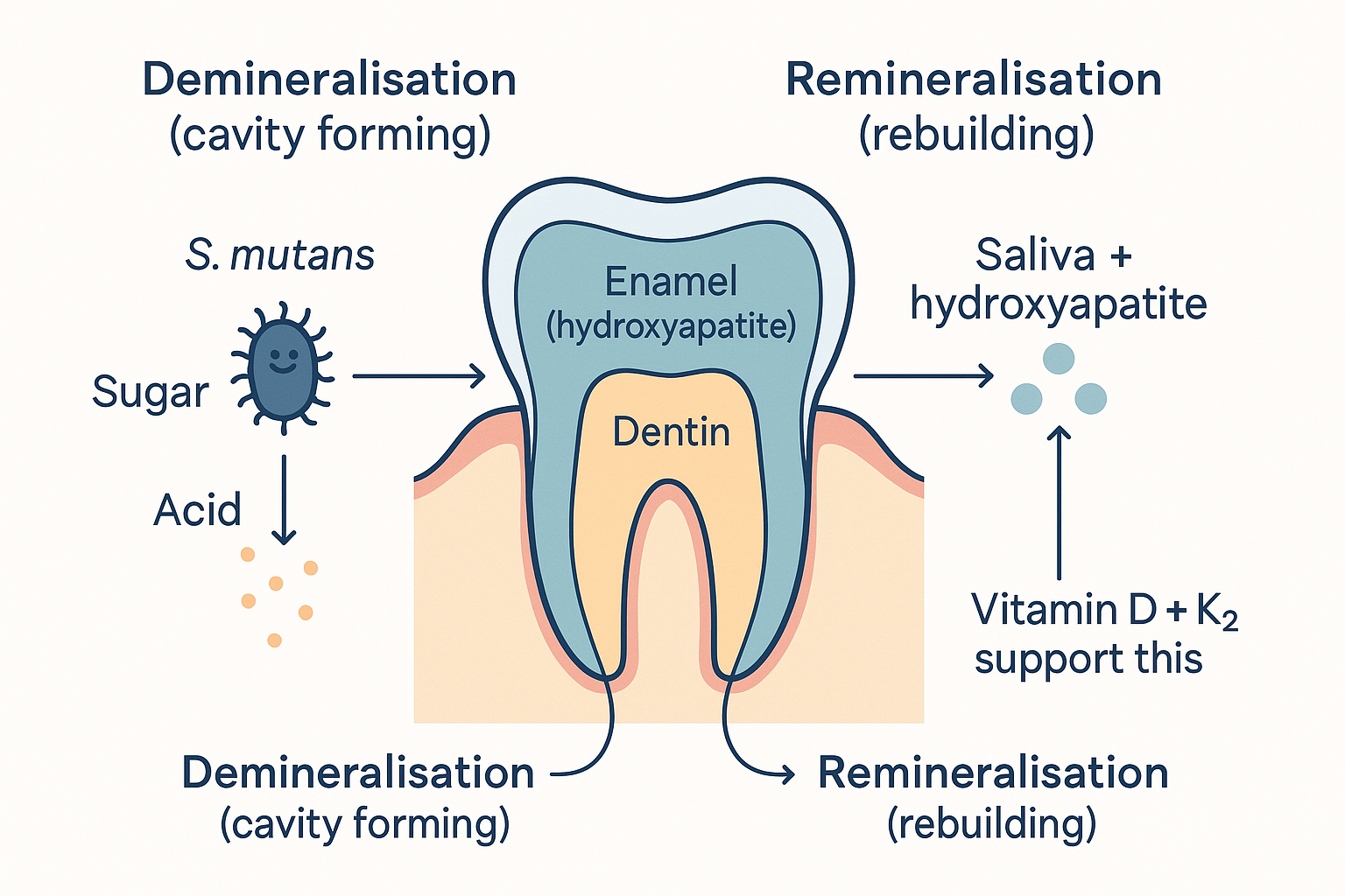 Cross-section of a tooth showing the two-way balance: on the left, S. mutans bacteria feeding on sugar release acid that dissolves mineral out of the enamel (demineralisation); on the right, calcium and phosphate from saliva and hydroxyapatite are deposited back in (remineralisation), supported by vitamins D and K2