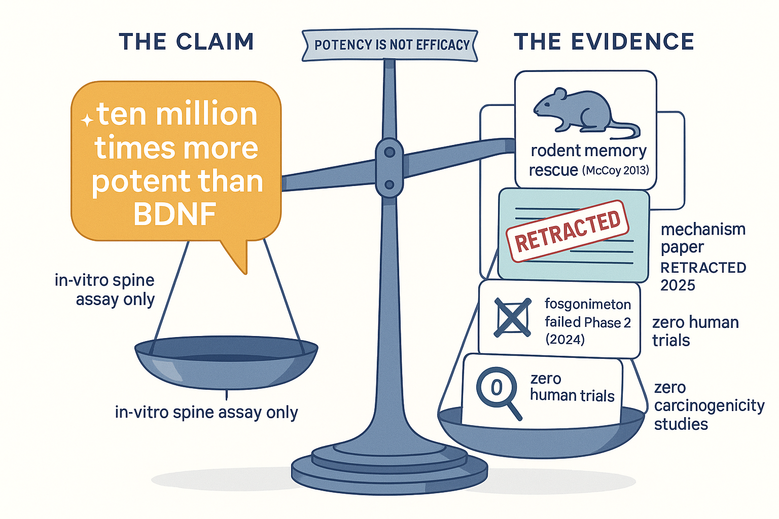 Balance-scale infographic contrasting the hype claim that dihexa is ~10 million times more potent than BDNF against the actual evidence: rodent-only studies, a retracted mechanism paper, a failed human sibling-drug trial, and zero carcinogenicity studies