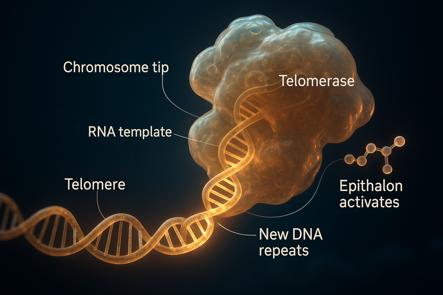 Cinematic 3D render of telomerase at work: the enzyme clamped onto the single-stranded tip of a chromosome, using an internal RNA template to add fresh telomere DNA repeats and lengthen the cap, with a molecule of epithalon shown activating it