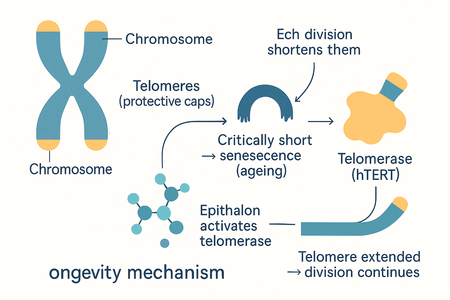 Illustration of telomeres as protective chromosome caps that shorten with each cell division until critically short (causing senescence/ageing), with the enzyme telomerase (hTERT) — activated by Epithalon — rebuilding and extending them so division can continue