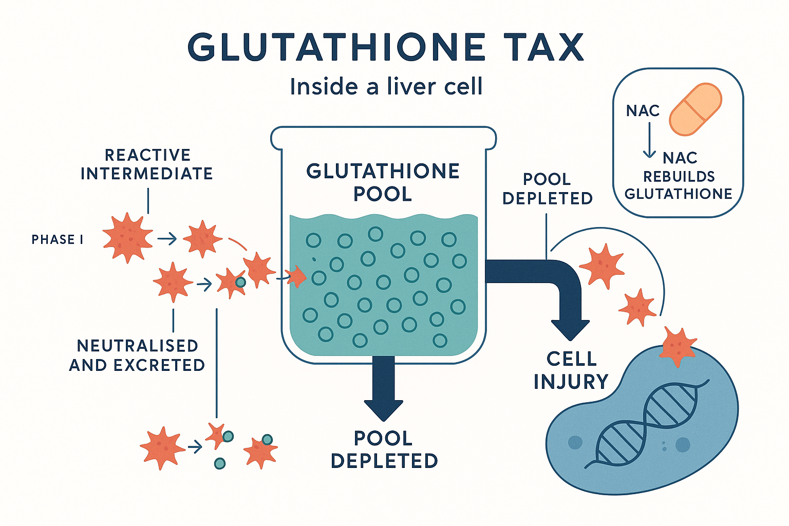 Flat vector diagram of the glutathione tax: a finite pool of glutathione molecules is drained as it caps and neutralises a stream of reactive intermediates; when the pool runs low, un-neutralised intermediates escape and injure the liver cell, with an inset showing paracetamol's NAPQI and NAC refilling the pool