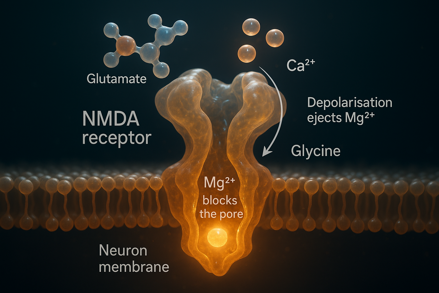 Cinematic 3D render of an NMDA receptor channel in a neuron membrane, cut away to show a magnesium ion plugging the central pore while glutamate and glycine are docked at the top and calcium ions wait outside, with depolarisation set to eject the magnesium