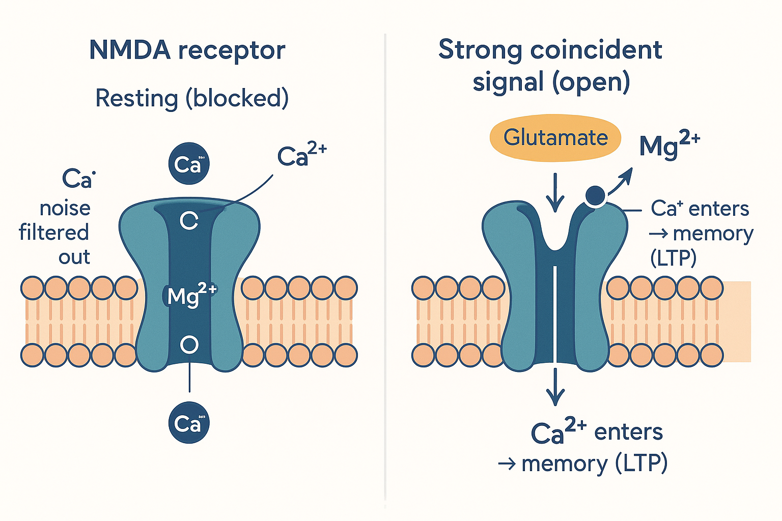 NMDA receptor in two states: at rest a magnesium ion plugs the channel pore and blocks calcium (filtering noise); with a strong coincident signal (glutamate plus depolarisation) the magnesium is expelled and calcium floods in to write the memory