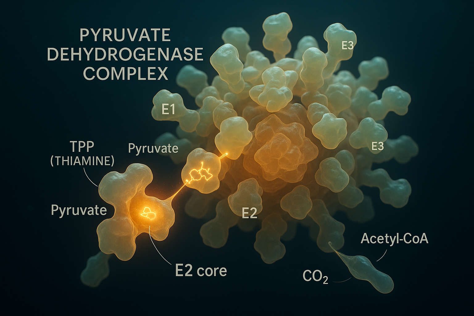 Cinematic 3D render of the pyruvate dehydrogenase complex as a colossal spherical multi-enzyme machine — a large polyhedral E2 core wrapped in an outer shell of E1 and E3 subunits — with pyruvate entering an E1 subunit where the TPP (thiamine) cofactor sits, and acetyl-CoA, CO2 and NADH leaving