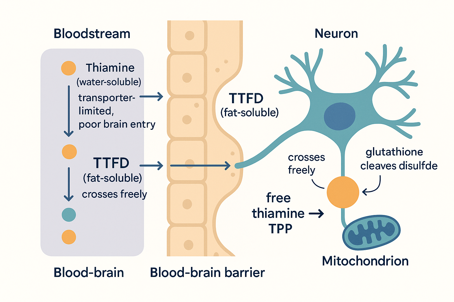 Diagram contrasting ordinary water-soluble thiamine, stuck at the blood-brain barrier by transporters, with fat-soluble TTFD passing freely through the barrier into a neuron, where glutathione cleaves it into free thiamine and TPP to power the mitochondria