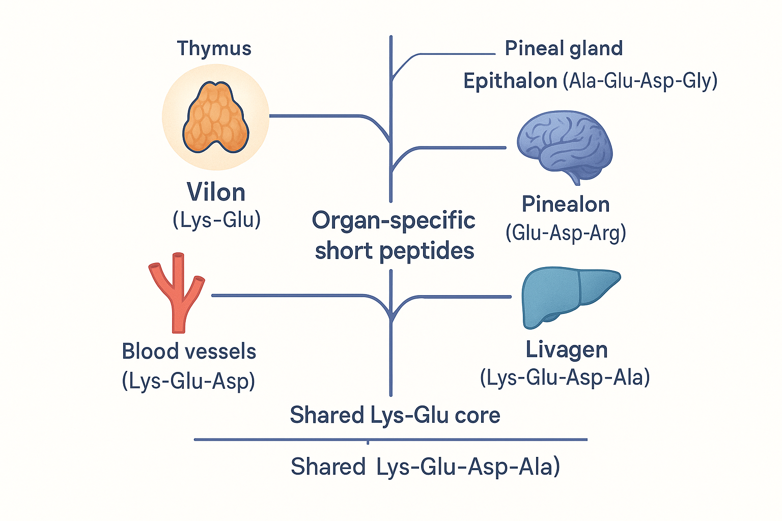 Diagram of the Khavinson peptide bioregulator family as a tree: a central trunk labelled organ-specific short peptides branching to the thymus (Vilon, Lys-Glu), pineal gland (Epithalon), brain cortex (Pinealon), blood vessels (Vesugen), and liver (Livagen), each branch showing the organ icon and the peptide's short amino-acid sequence, with Vilon highlighted