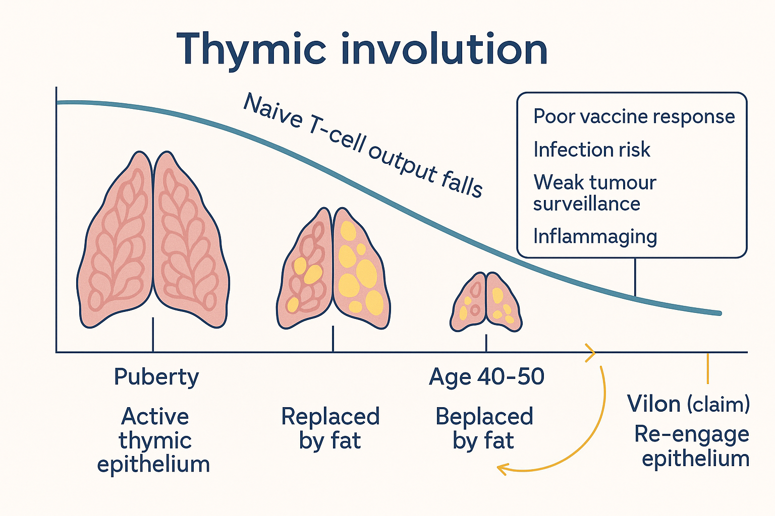 Educational infographic of thymic involution and immunosenescence shown as a timeline from puberty to old age: a large active thymus at puberty progressively shrinking and being replaced by yellow fat tissue by age forty to fifty, with a falling curve of naive T-cell output, leading to a panel of consequences (poor vaccine response, infection risk, weak tumour surveillance, inflammaging); a small arrow labelled Vilon points back at the aged thymic epithelium