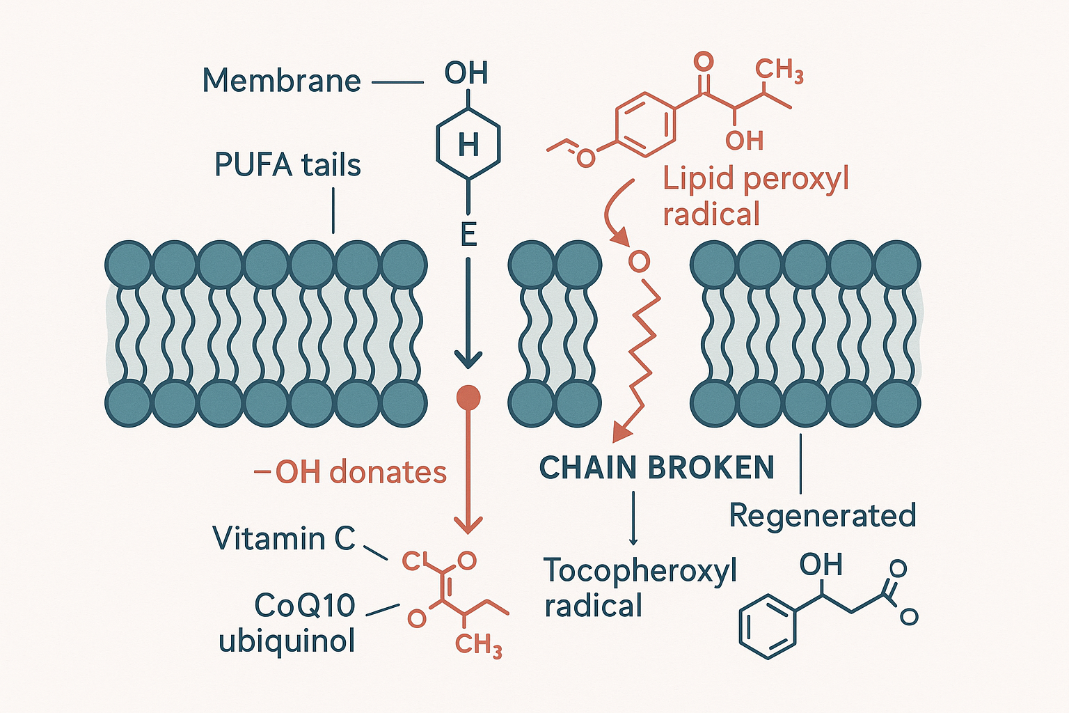 Flat vector cross-section of a cell membrane showing vitamin E embedded tail-down among polyunsaturated fats, its chromanol –OH head donating a hydrogen to a propagating lipid peroxyl radical to break the chain, then being regenerated by vitamin C and CoQ10/ubiquinol