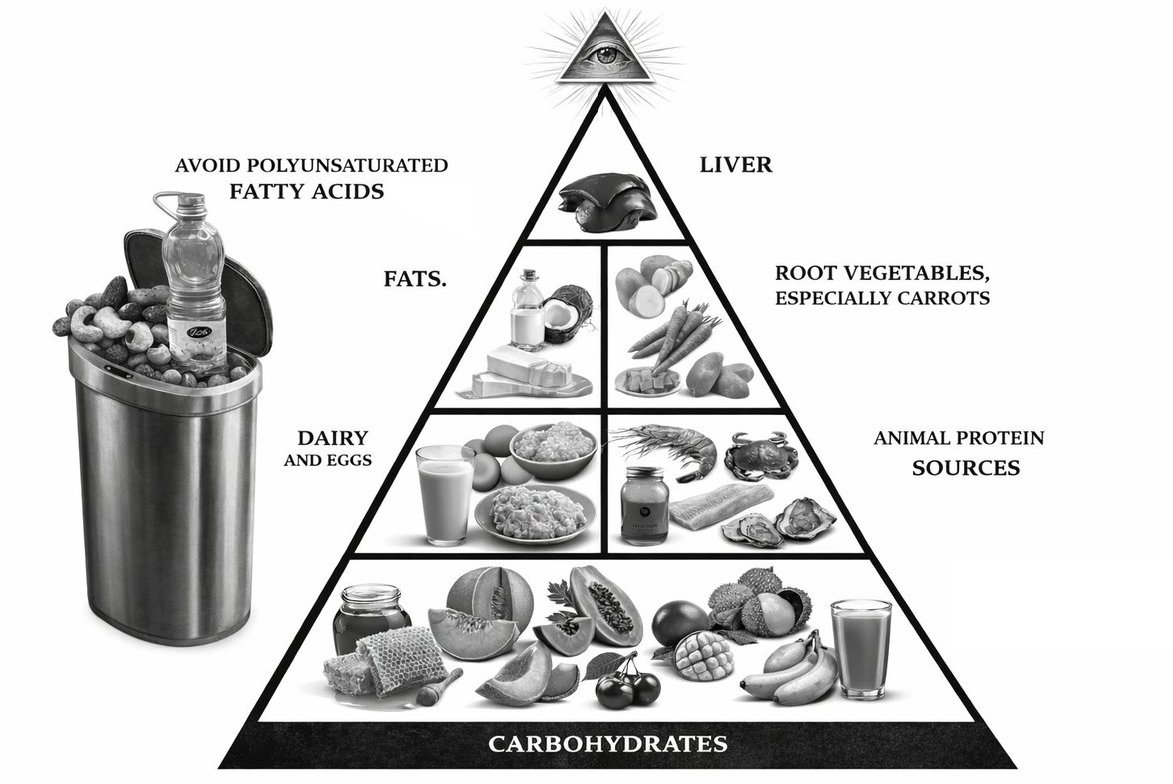 A food pyramid with carbohydrates such as fruit, honey and orange juice as the base, then animal protein and dairy/eggs, then saturated fats and root vegetables (especially carrots), topped by liver — with polyunsaturated seed oils and nuts thrown in a bin to the side
