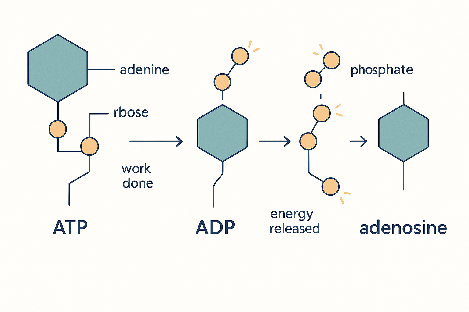 A horizontal molecular-structure sequence on a clean white field showing the breakdown of the energy currency, drawn left to right. Far left: an ATP molecule drawn as an adenine base joined to a ribose sugar joined to a chain of three labelled phosphate circles. An arrow labelled work done points right to ADP (same backbone, two phosphates, one phosphate shown breaking away). Another arrow to AMP (one phosphate). A final arrow to adenosine (the bare adenine-plus-ribose backbone, no phosphates). Each freed phosphate is drawn drifting away with a small energy spark. The adenine ring and ribose sugar are tinted consistently across all four molecules so the eye tracks the unchanging backbone.