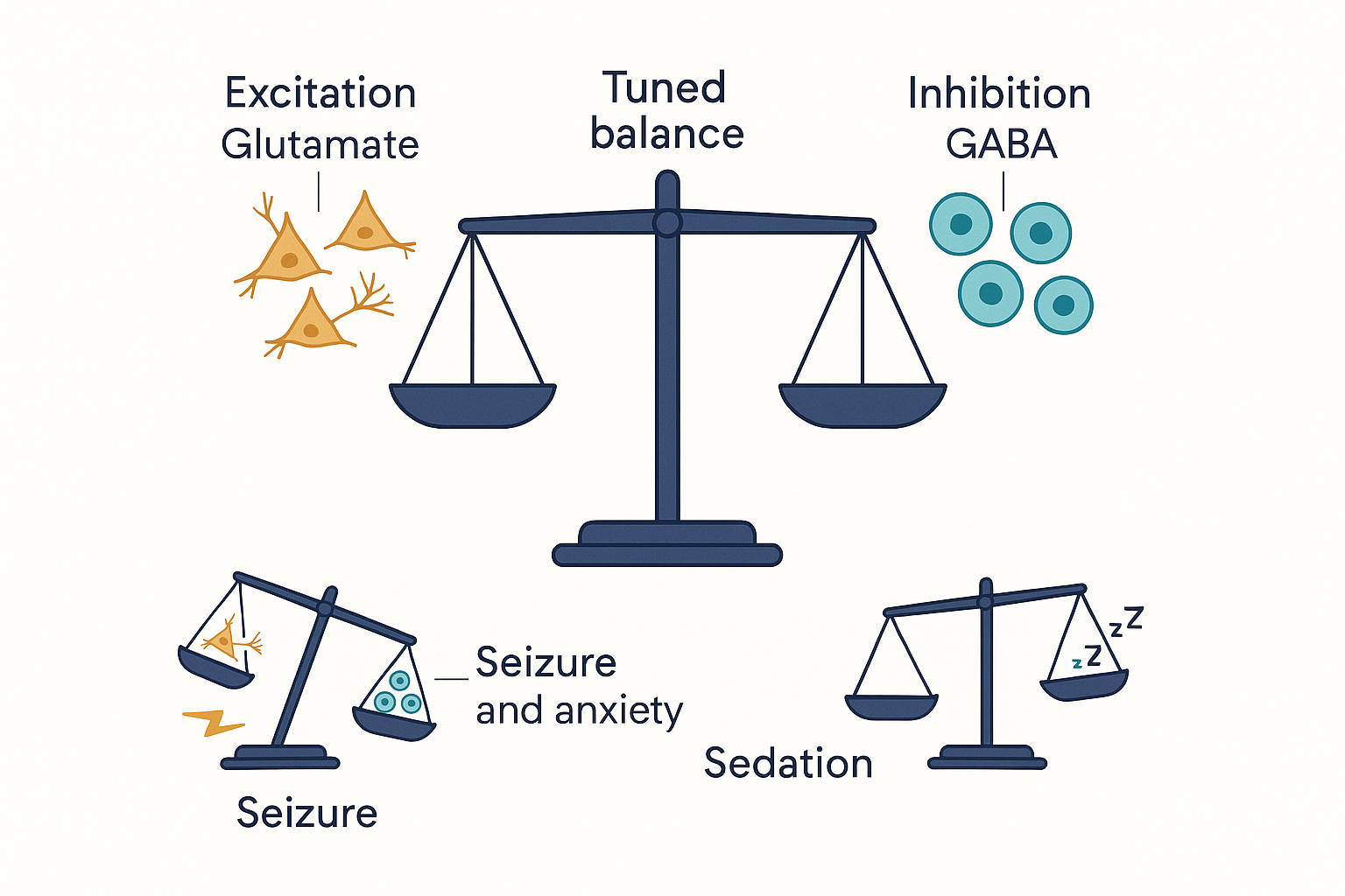 A physical balance scale rendered as a neural-circuit scene: on the left pan a cluster of excitatory pyramidal neurons labelled glutamate, on the right pan a cluster of inhibitory interneurons labelled GABA, the beam roughly level to show a tuned balance; small side vignettes show the beam tipped toward excitation giving seizure and anxiety, and tipped toward inhibition giving sedation