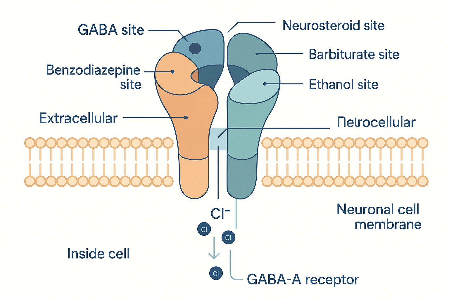 Cutaway of a single GABA-A receptor sitting in the neuronal membrane: five subunits arranged in a ring around a central chloride pore, chloride ions passing into the cell, with the GABA binding site between subunits and separate labelled pockets for the benzodiazepine site, the neurosteroid site, the barbiturate site, and the ethanol site
