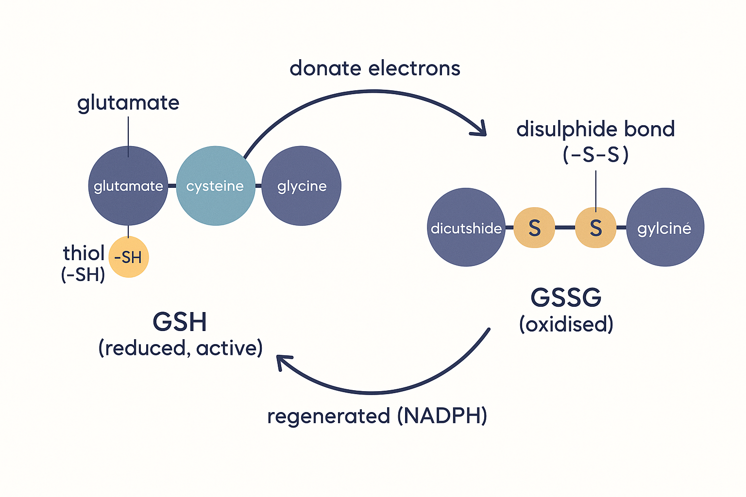 A reduced glutathione molecule, GSH, with its three amino acids glutamate, cysteine and glycine and a free sulphur-hydrogen thiol on the cysteine, shown beside two glutathiones joined by a sulphur-sulphur disulphide bond forming oxidised GSSG, with curved arrows for the redox couple