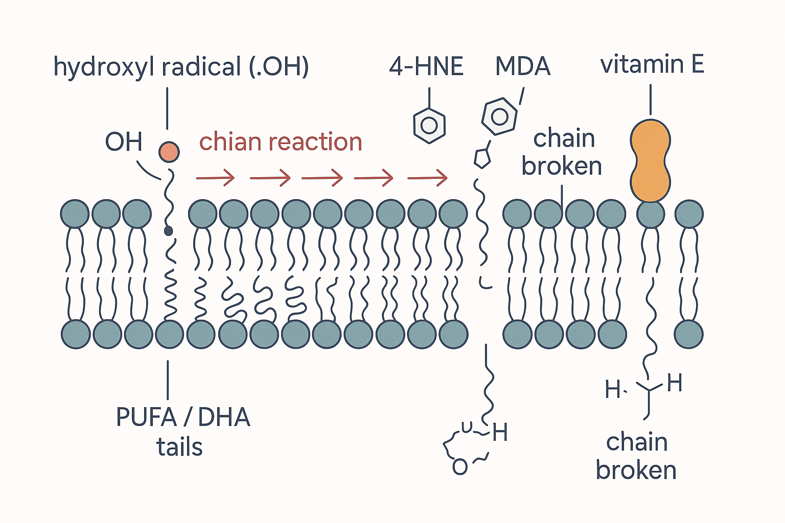 Cross-section of a neuronal synaptic membrane densely packed with polyunsaturated DHA fatty-acid tails; a hydroxyl radical steals a hydrogen from one tail, starting a chain reaction that propagates fat-to-fat producing 4-HNE and MDA, with a vitamin E molecule embedded in the membrane donating a hydrogen to break the chain