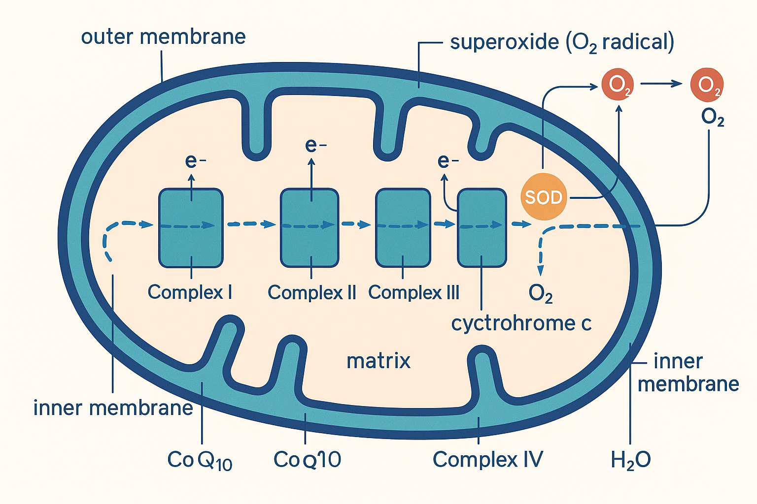 Cutaway of a neuronal mitochondrion with the inner-membrane electron transport chain Complexes I to IV; a few electrons escaping at Complex I and Complex III onto an oxygen molecule to form a superoxide radical, which SOD converts to hydrogen peroxide