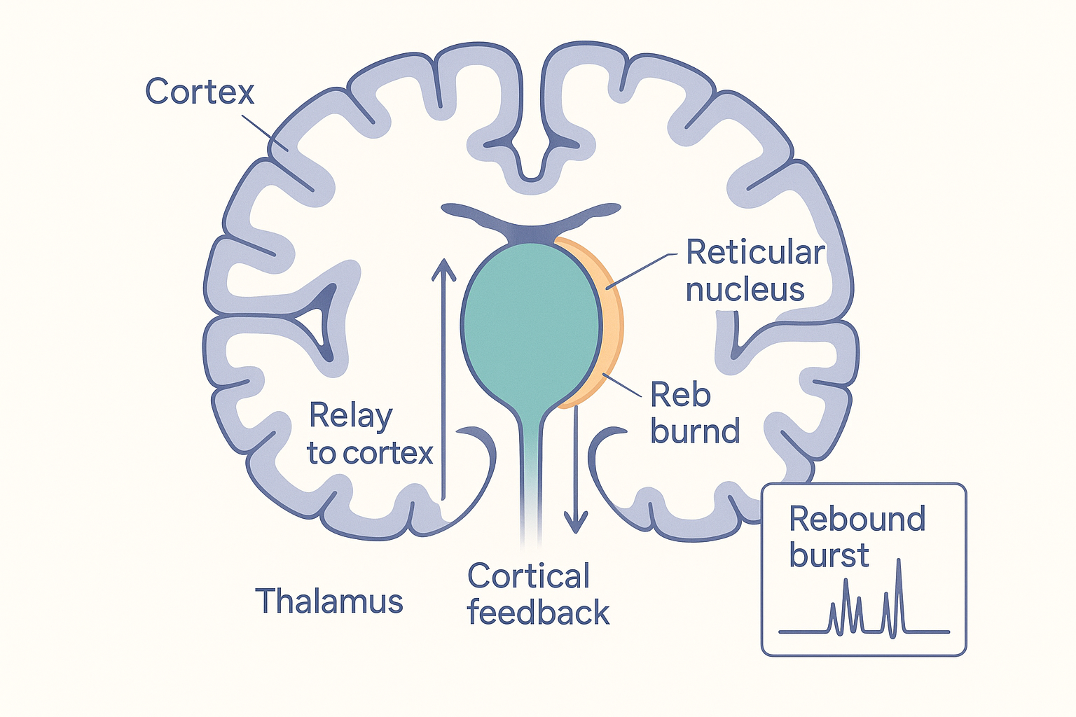 A coronal cutaway of the brain showing the cortex as an outer folded sheet of layers, the egg-shaped thalamus deep in the centre, and the thin reticular nucleus shell wrapping its outer surface, with fibres running up from thalamus to cortex and back down, and a small inset of a relay neuron's burst-firing pattern
