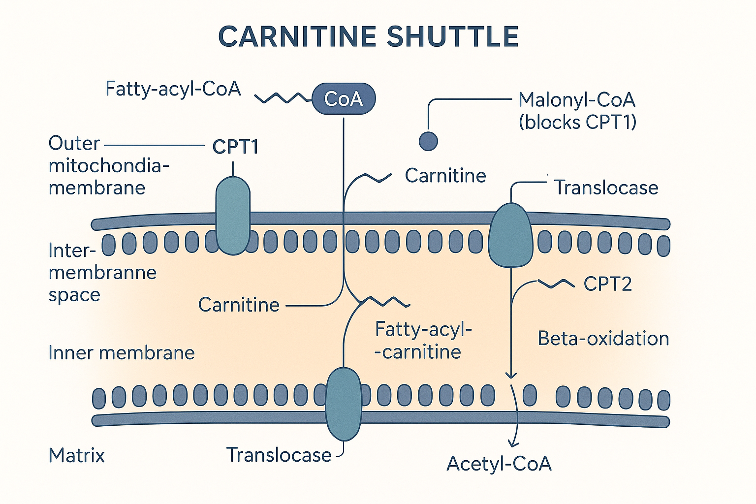 The carnitine shuttle: fatty-acyl-CoA is converted by CPT1 to fatty-acyl-carnitine, ferried across the inner mitochondrial membrane by a translocase, then converted back by CPT2 for beta-oxidation, with malonyl-CoA blocking CPT1