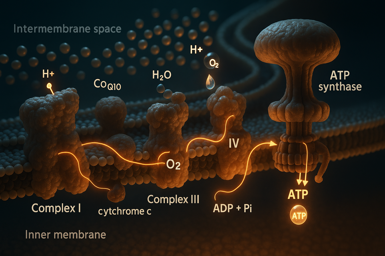 Cinematic 3D render of the inner mitochondrial membrane as a working molecular machine: Complexes I–IV embedded in the folded membrane pumping protons up into the intermembrane space, an electron path threading through them, oxygen forming water at Complex IV, and ATP synthase drawn as a spinning rotary turbine on the right producing ATP from ADP and phosphate as protons flow back down through it
