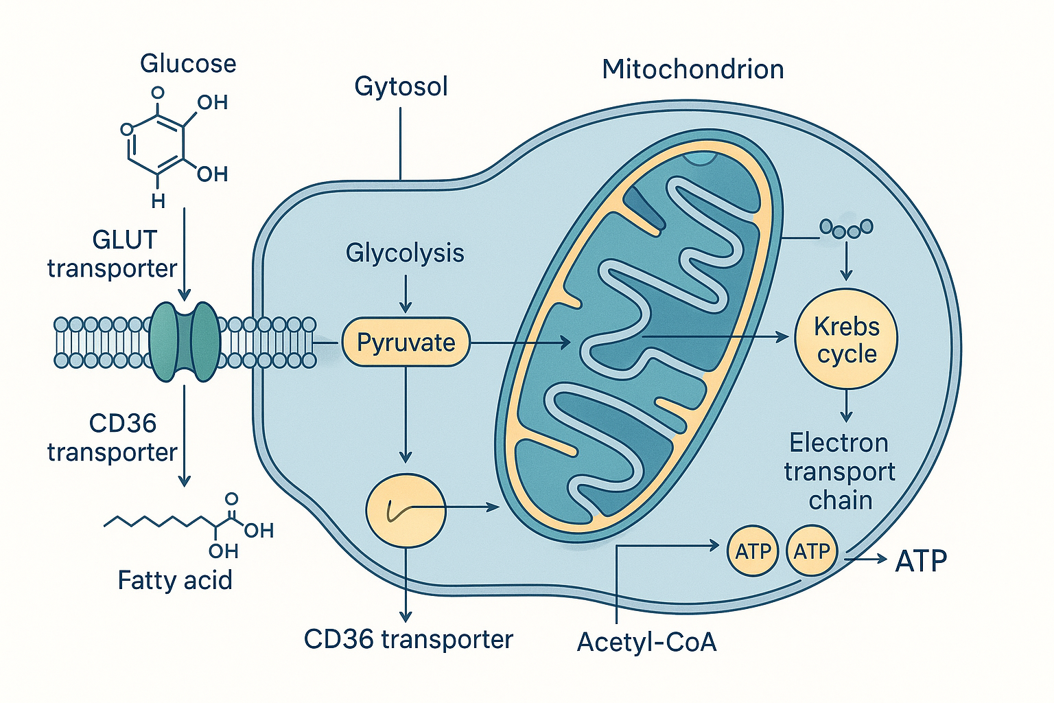 Cross-section of a cell showing glucose and fatty acids entering through membrane transporters, glycolysis in the cytosol, and a mitochondrion converting acetyl-CoA into ATP via the Krebs cycle and electron transport chain
