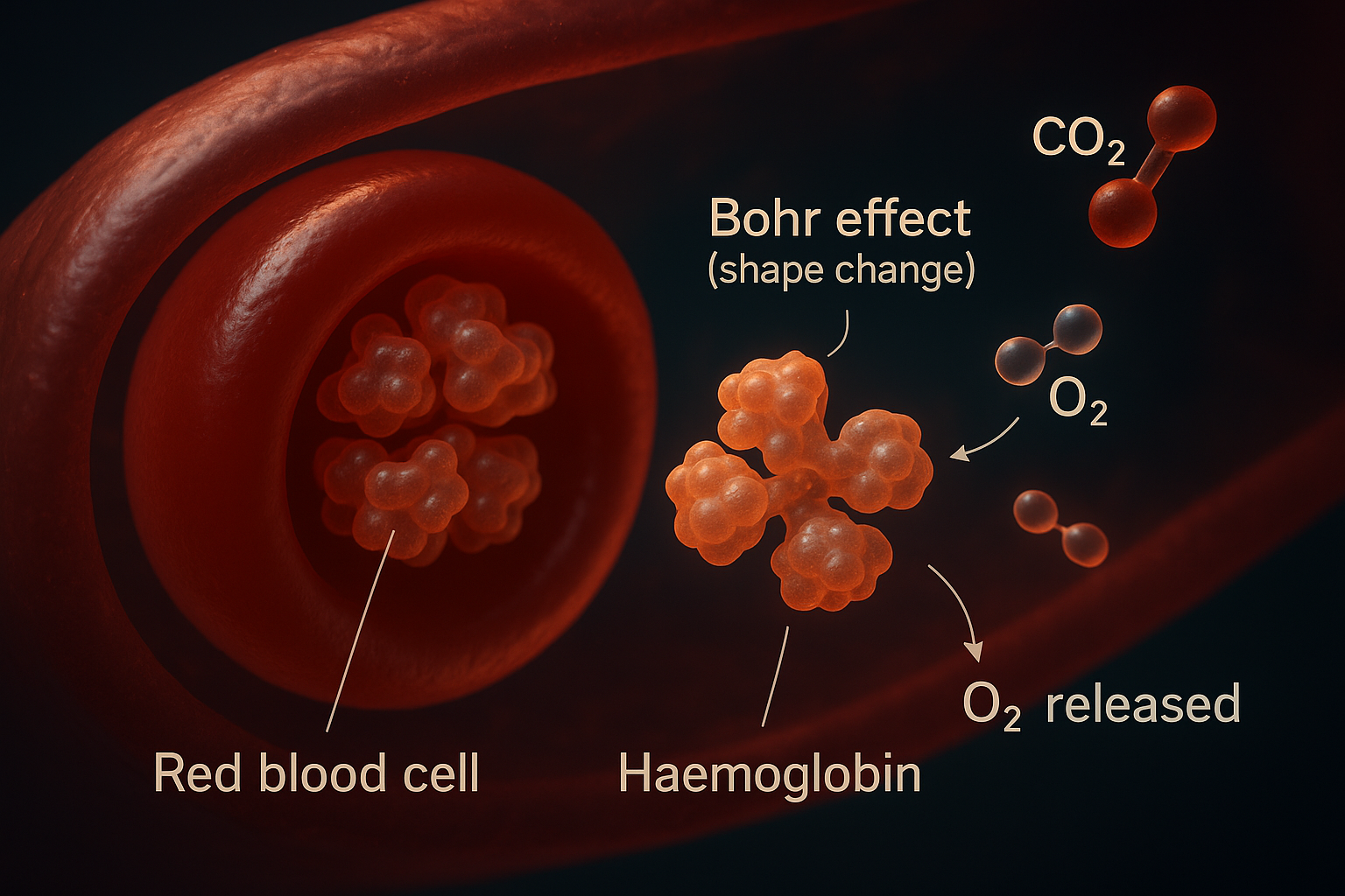 Cinematic 3D render of a red blood cell in a capillary, cut away to show four-subunit haemoglobin molecules; as CO2 and hydrogen ions arrive from the tissue, haemoglobin changes shape and releases its bound oxygen