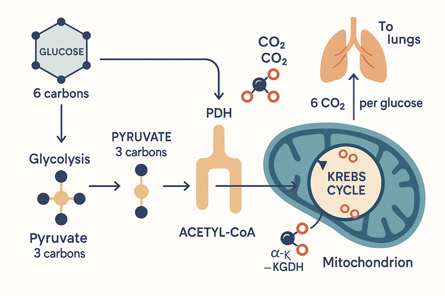 Diagram tracing the six carbons of glucose through glycolysis, PDH and the Krebs cycle, showing exactly where each pair of CO2 molecules is released by decarboxylation inside the mitochondrion