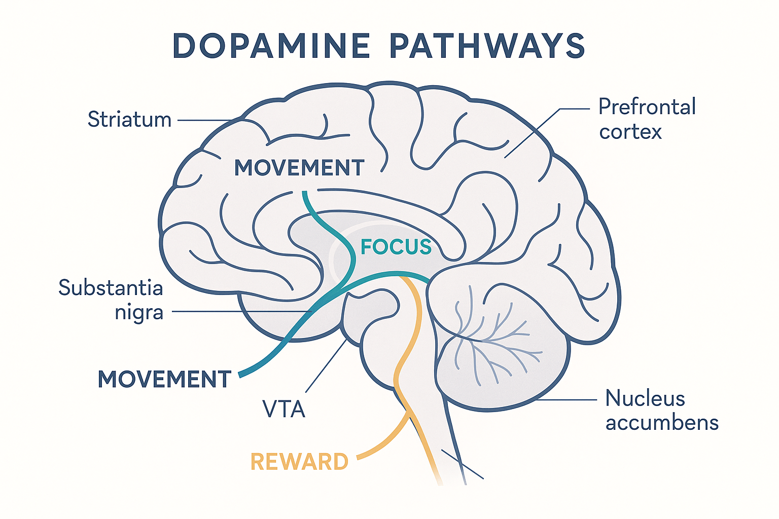 A brain showing the three dopamine pathways: the nigrostriatal pathway from substantia nigra to striatum for movement, the mesocortical pathway from the VTA to the prefrontal cortex for focus, and the mesolimbic pathway from the VTA to the nucleus accumbens for reward