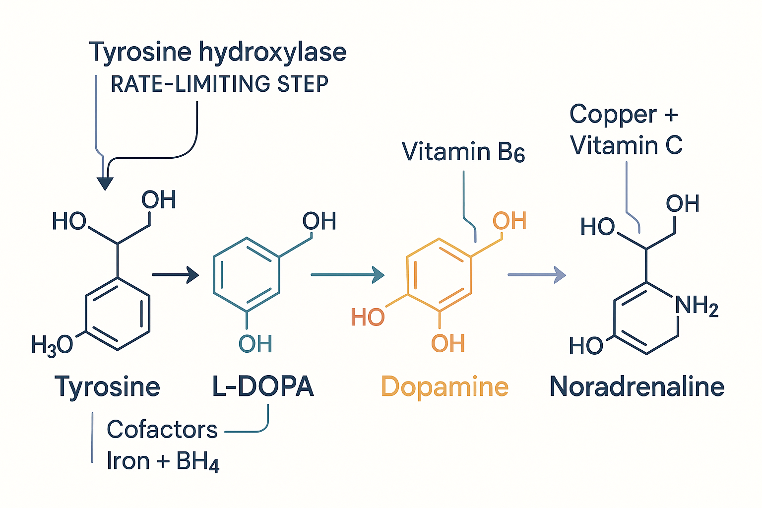 The dopamine synthesis chain showing tyrosine converted to L-DOPA by the rate-limiting enzyme tyrosine hydroxylase (needing iron and BH4), then to dopamine (needing vitamin B6), then to noradrenaline (needing copper and vitamin C)