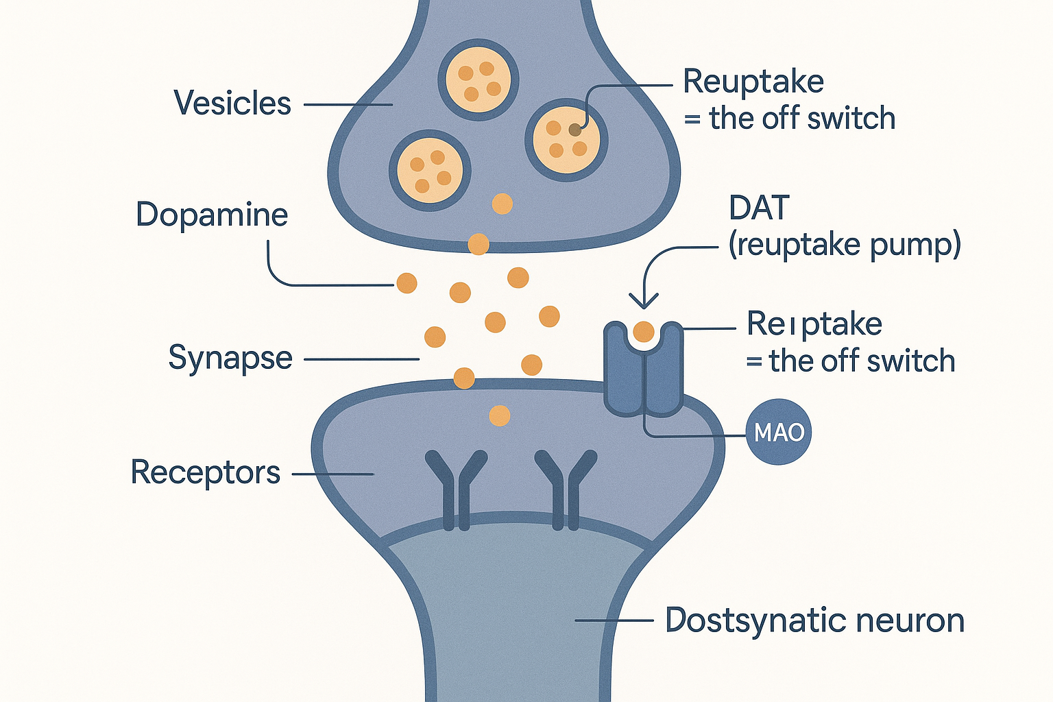 A dopamine synapse showing vesicles releasing dopamine into the synaptic gap to bind receptors on the postsynaptic neuron, with the DAT reuptake pump pulling dopamine back (the off switch) and the MAO enzyme breaking it down