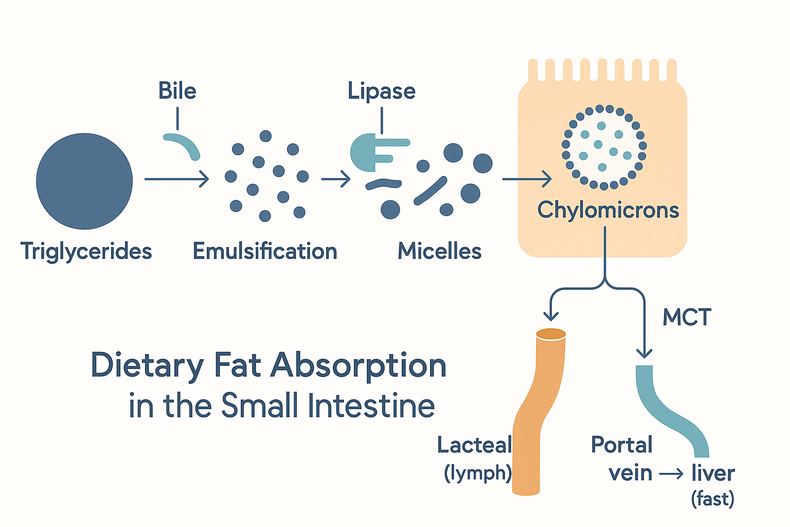 Step-by-step fat absorption: triglycerides emulsified by bile, broken by lipase, carried by micelles, then long-chain fat packaged into chylomicrons entering the lymphatic lacteal while medium-chain fat (MCT) enters the portal vein