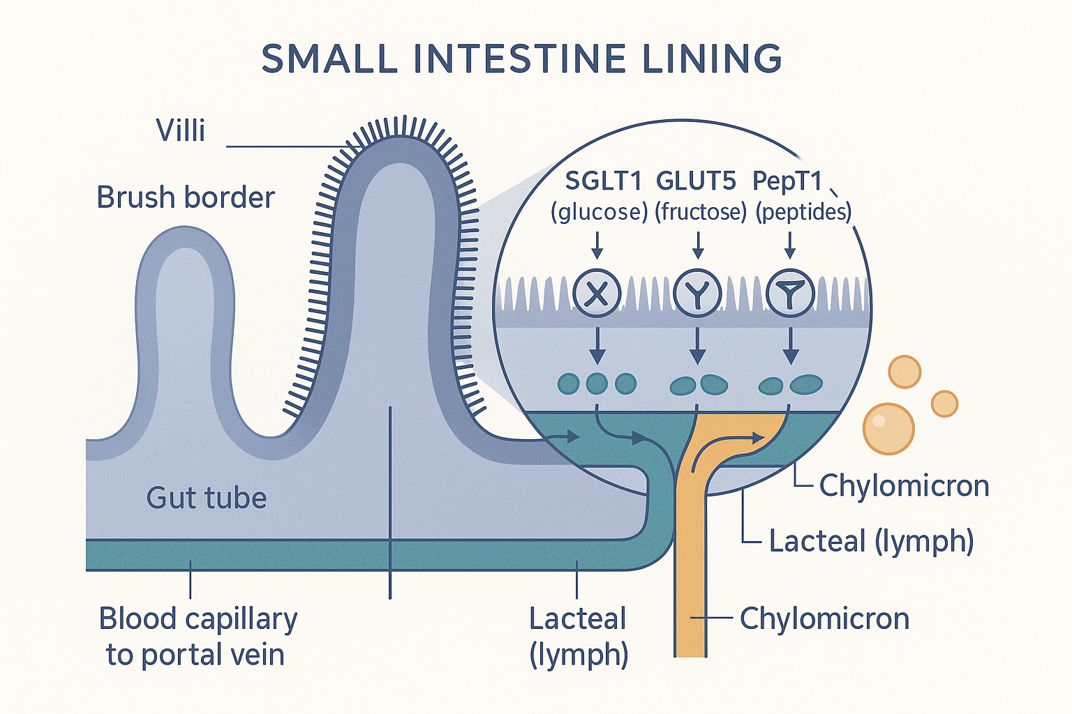 Cross-section of the small intestine lining showing villi and brush border, with SGLT1, GLUT5 and PepT1 transporters feeding sugars and peptides into a blood capillary, and chylomicrons entering a central lacteal lymph vessel