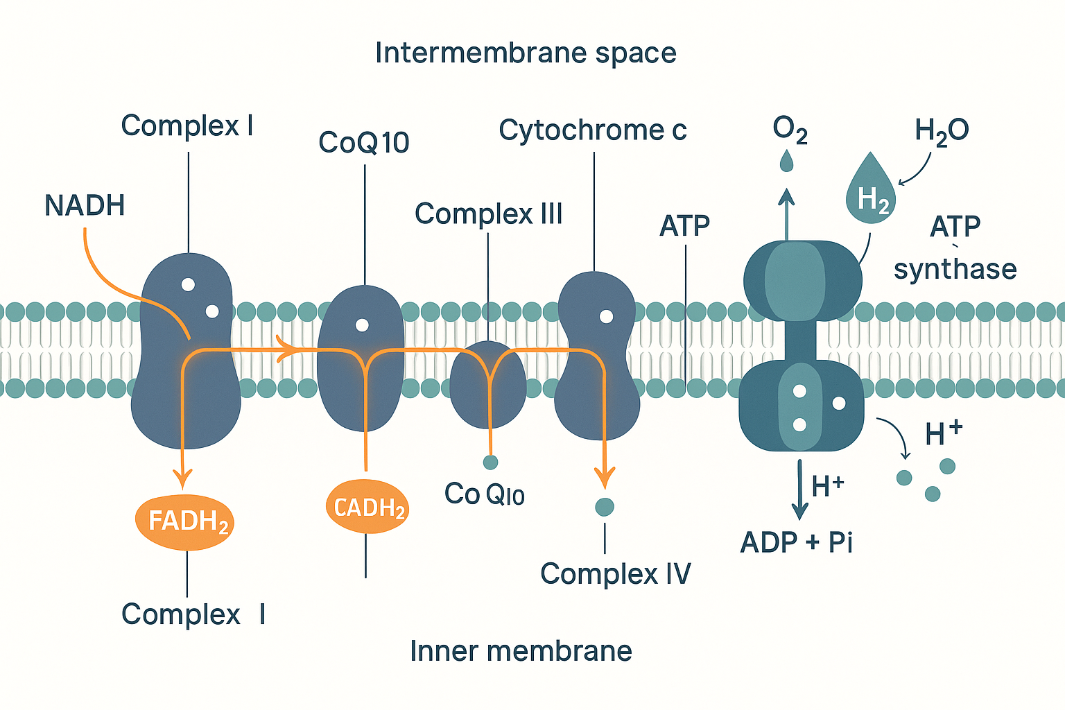 The inner mitochondrial membrane with Complexes I to IV, CoQ10 and cytochrome c carriers, electrons flowing along the chain, protons pumped into the intermembrane space, oxygen forming water, and ATP synthase producing ATP