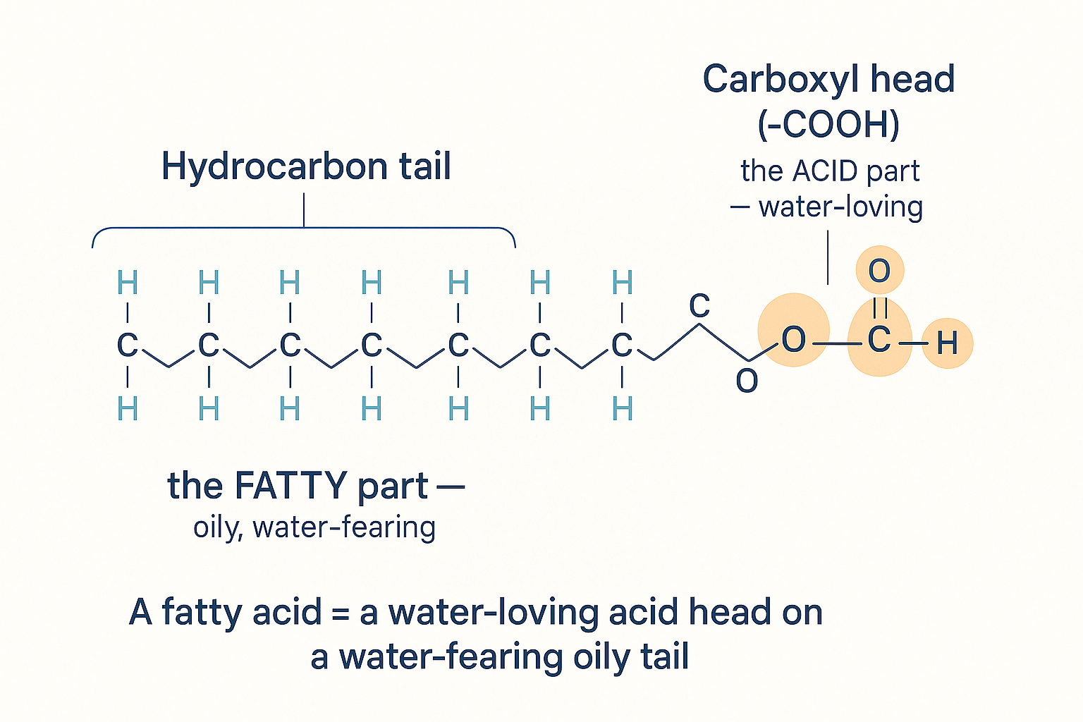 Schematic of a fatty acid: a long zig-zag hydrocarbon tail of carbon and hydrogen atoms (the oily, water-fearing part) ending in a carboxyl head (–COOH, the acidic, water-loving part)
