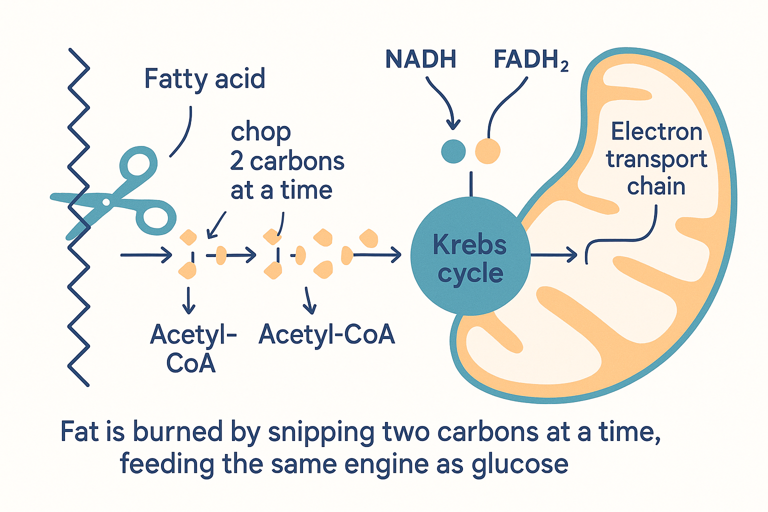 Beta-oxidation inside a mitochondrion: a fatty acid chopped two carbons at a time into acetyl-CoA units that feed the Krebs cycle, releasing NADH and FADH2 to the electron transport chain