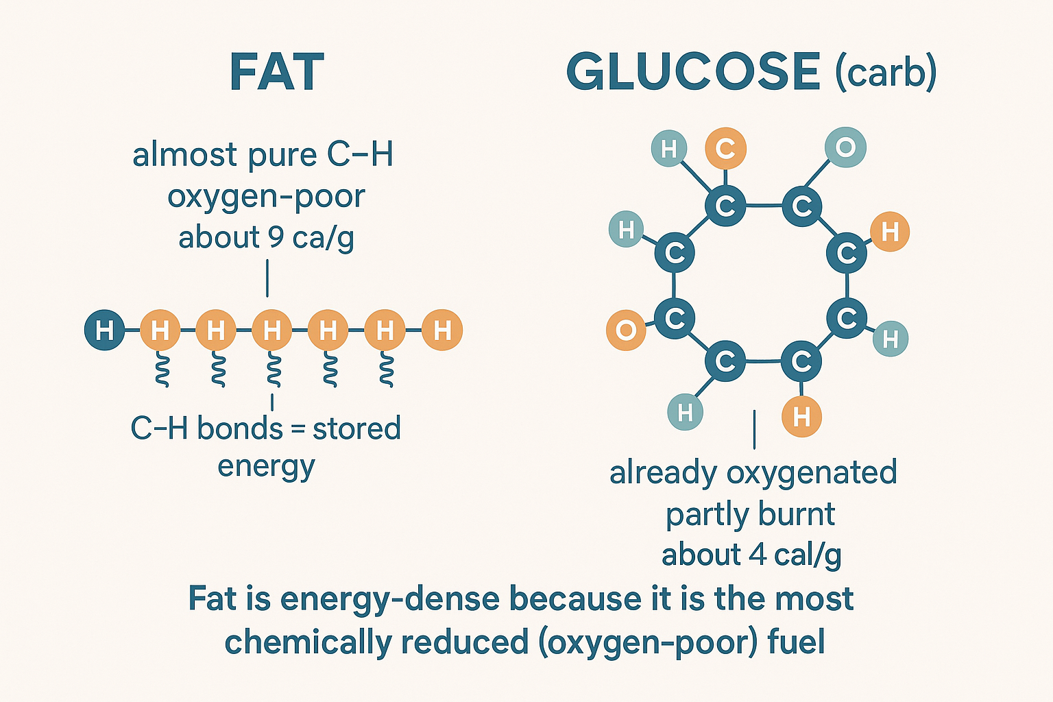 A fat molecule rich in carbon-hydrogen bonds (oxygen-poor, an unburnt fuel rod, ~9 cal/g) compared with a glucose ring already covered in oxygen groups (partly burnt, ~4 cal/g)
