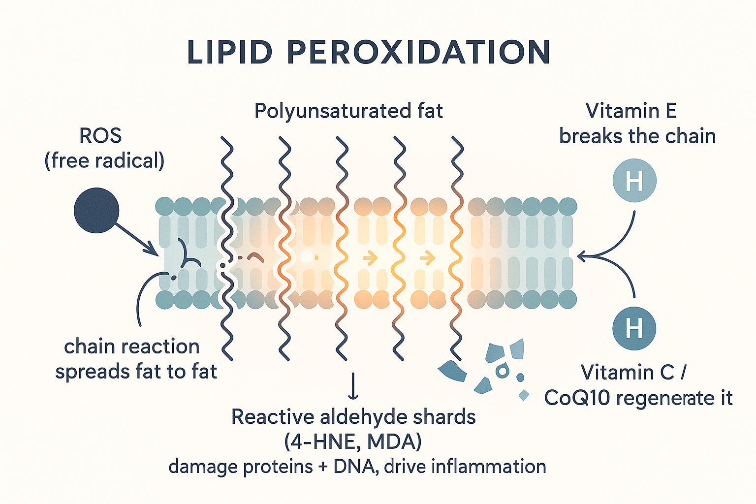 Lipid peroxidation as a chain reaction in a membrane: a free radical attacks a polyunsaturated fat, propagating fat-to-fat and throwing off reactive aldehyde shards (4-HNE, MDA) that damage proteins and DNA, until vitamin E breaks the chain and vitamin C/CoQ10 regenerate it