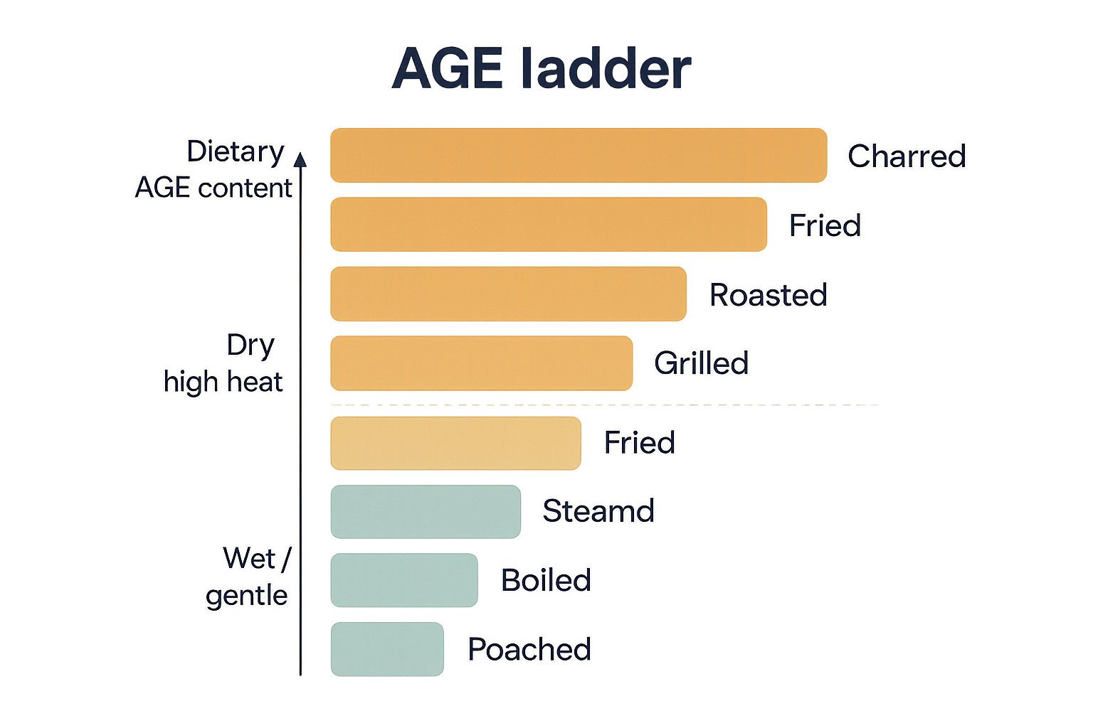 A vertical ladder graph ranking cooking methods by AGE content, from steamed and boiled at the low bottom rungs, through poached and stewed, up to roasted, grilled, fried, and charred at the high top rungs