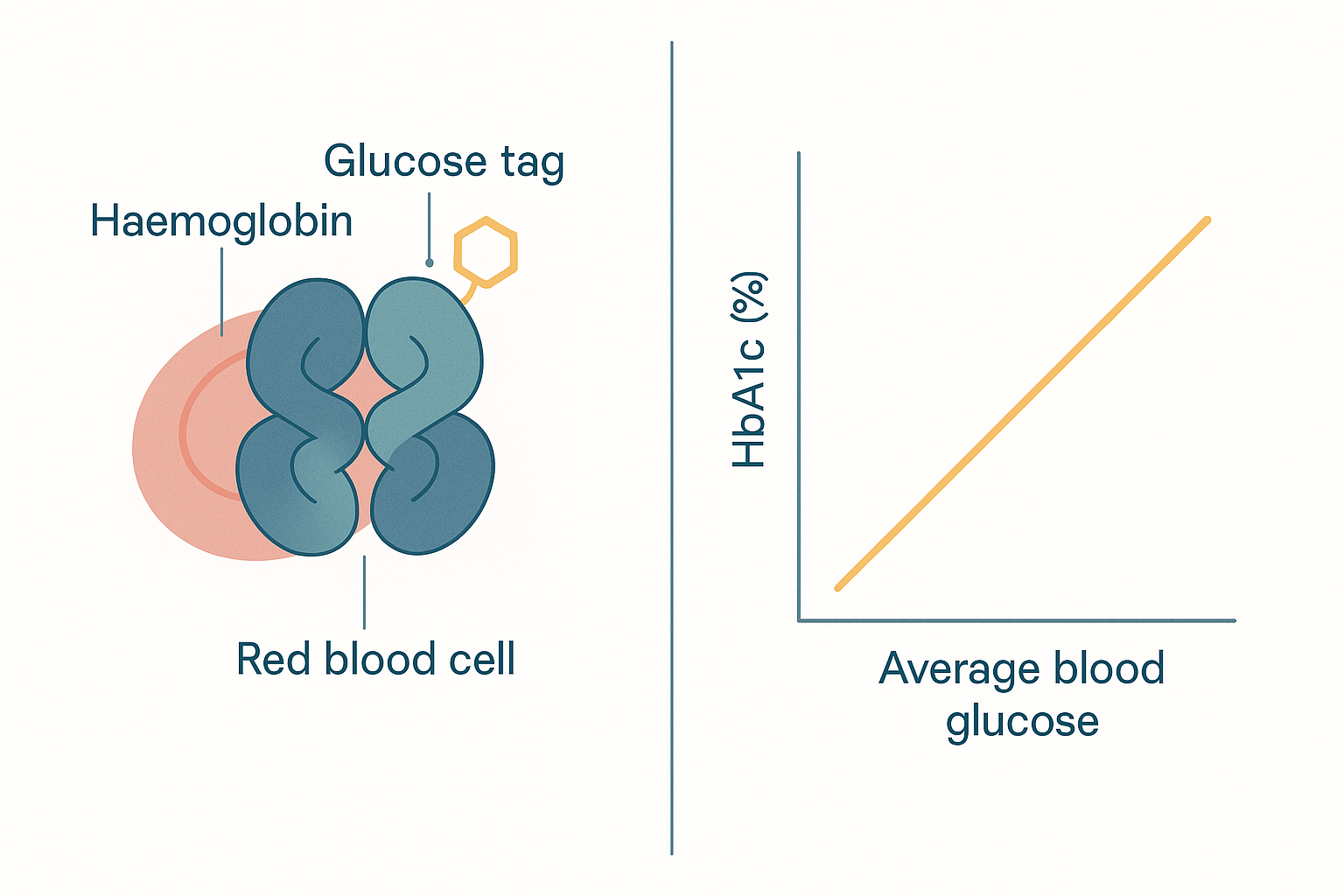 A haemoglobin molecule with a glucose tag attached to its beta-chain N-terminus, beside a simple line graph showing HbA1c percentage rising in step with average blood glucose over weeks