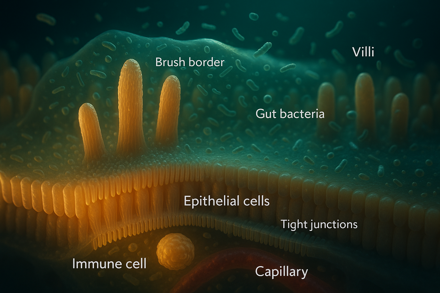 Immersive 3D cutaway of the small-intestinal wall: finger-like villi covered in a microvillus brush border, draped in a mucus layer teeming with diverse gut bacteria, sealed by tight junctions between a single layer of epithelial cells, with an immune cell and a capillary in the tissue beneath