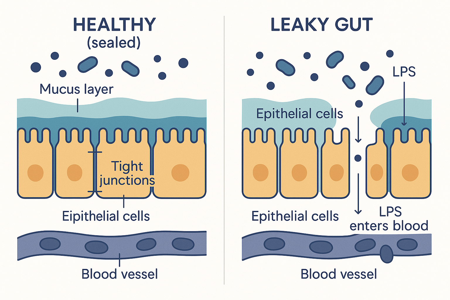Cross-section of the gut wall in two states: a healthy sealed barrier where tight junctions hold the epithelial cells together and keep bacteria and LPS in the lumen, versus a leaky gut where gaps between cells let LPS slip through into the blood vessel below