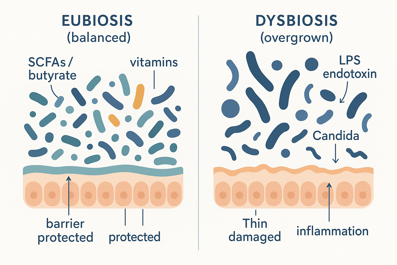 Two panels contrasting a balanced gut microbiome (eubiosis) — diverse friendly bacteria producing SCFAs and vitamins with a protected barrier — against a dysbiotic gut overgrown with harmful bacteria and Candida, producing LPS endotoxin and inflammation with a damaged barrier