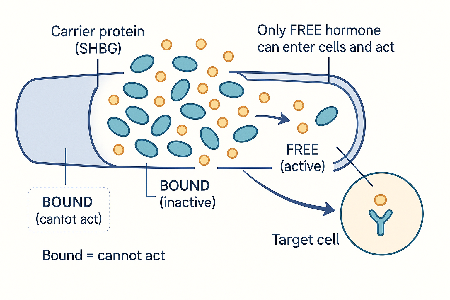 Free versus bound hormone in a blood vessel: most hormone molecules are stuck on carrier proteins like SHBG (bound and inactive), while only the small free fraction can leave the vessel and enter a target cell to act
