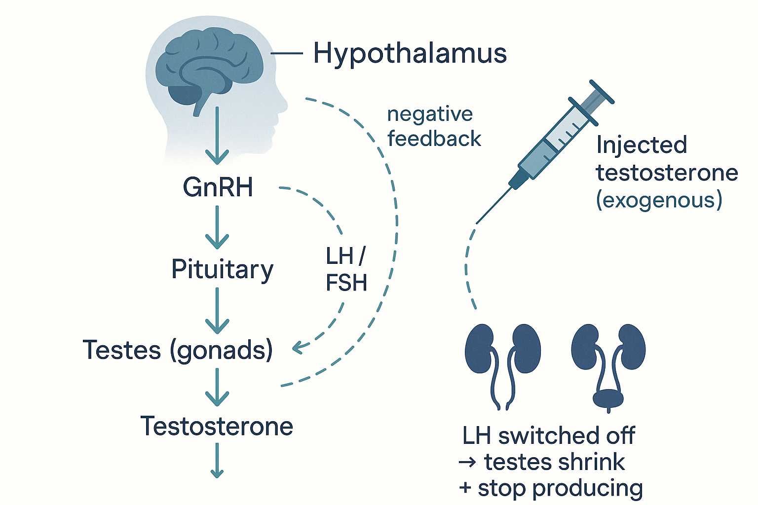 The HPG feedback axis: the hypothalamus sends GnRH to the pituitary, which sends LH and FSH to the testes to make testosterone, with testosterone feeding back to suppress the chain; injected exogenous testosterone triggers that same feedback, switching off LH so the testes shrink and stop producing