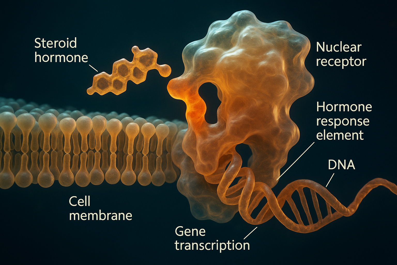 Cinematic 3D render of a steroid hormone passing straight through the lipid bilayer cell membrane, docking into a nuclear receptor protein that is clamped onto a DNA double helix, switching on gene transcription
