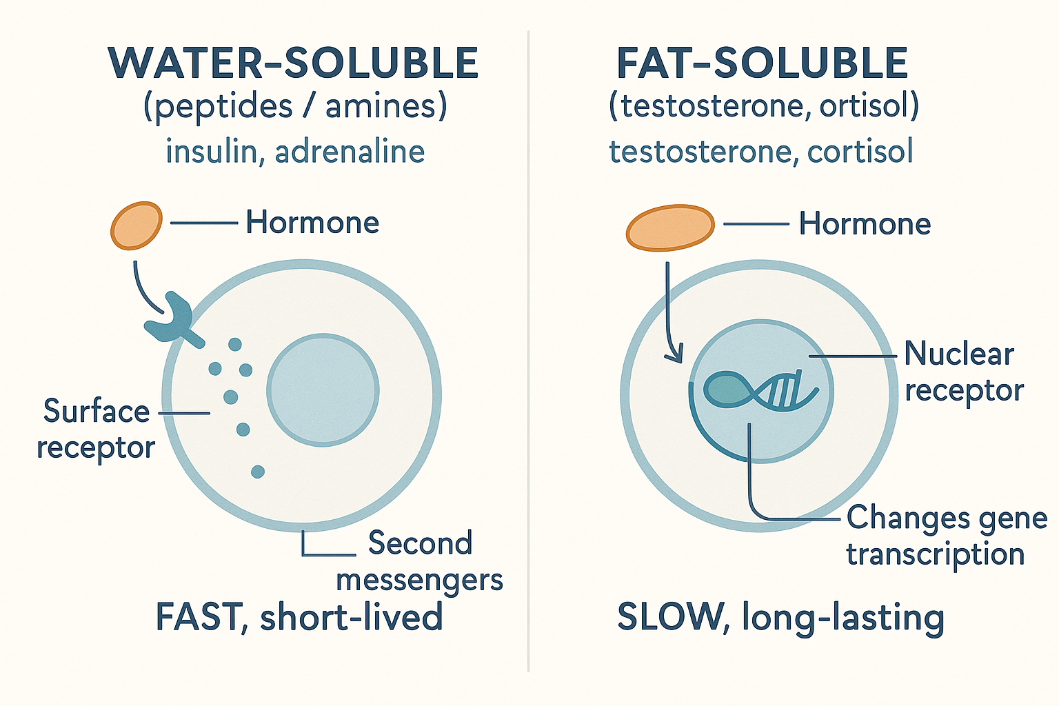 Two cells contrasting hormone mechanisms: a water-soluble hormone like insulin binding a surface receptor and triggering second messengers for a fast effect, versus a fat-soluble steroid hormone passing through the membrane to a nuclear receptor and changing gene transcription for a slow, lasting effect