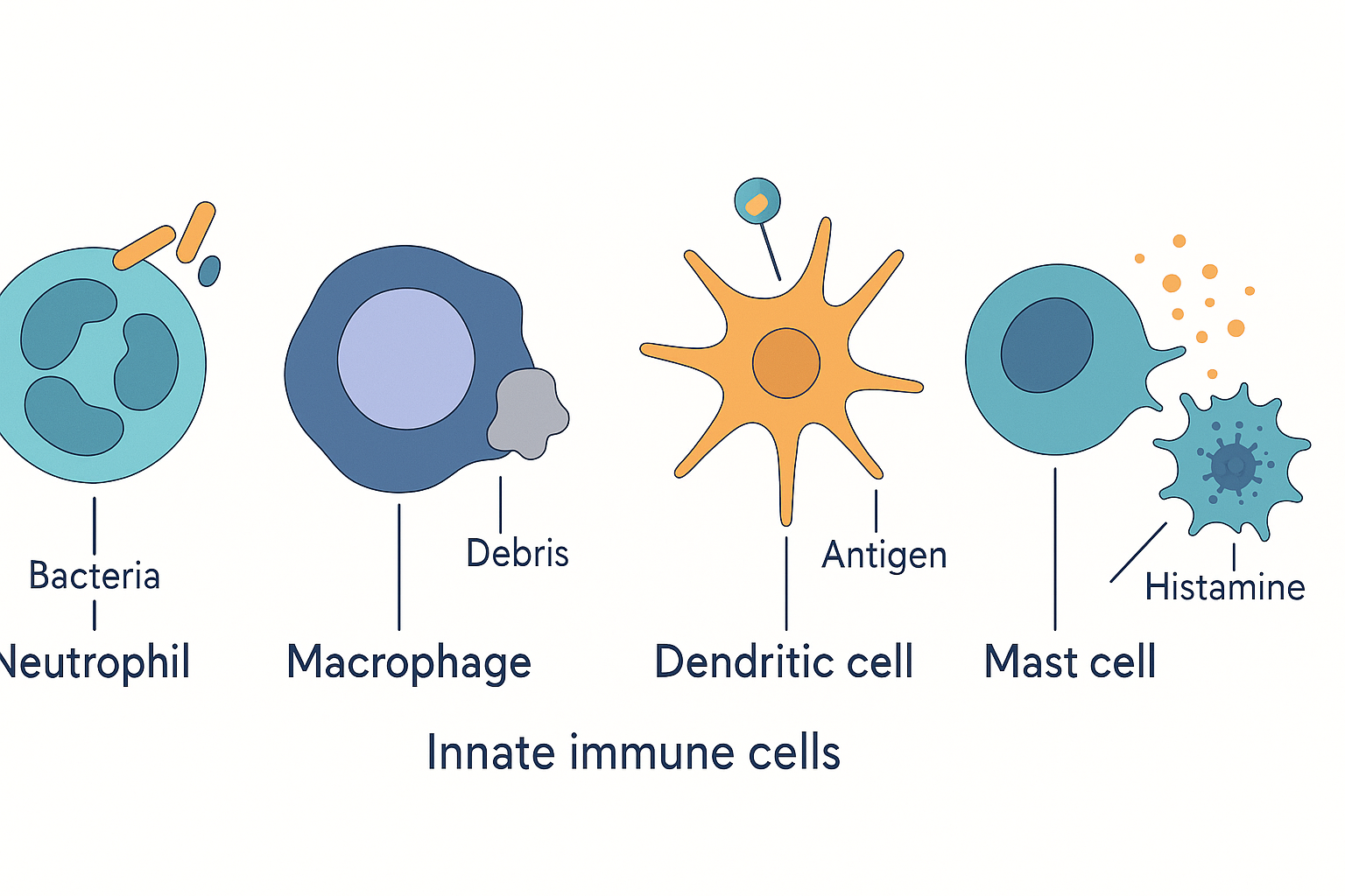 A labelled line-up of the innate immune cells as distinct cartoon cells: a neutrophil engulfing bacteria, a macrophage eating debris, a dendritic cell with branching arms holding an antigen, a natural killer cell attacking a virus-infected cell, and a mast cell releasing histamine granules