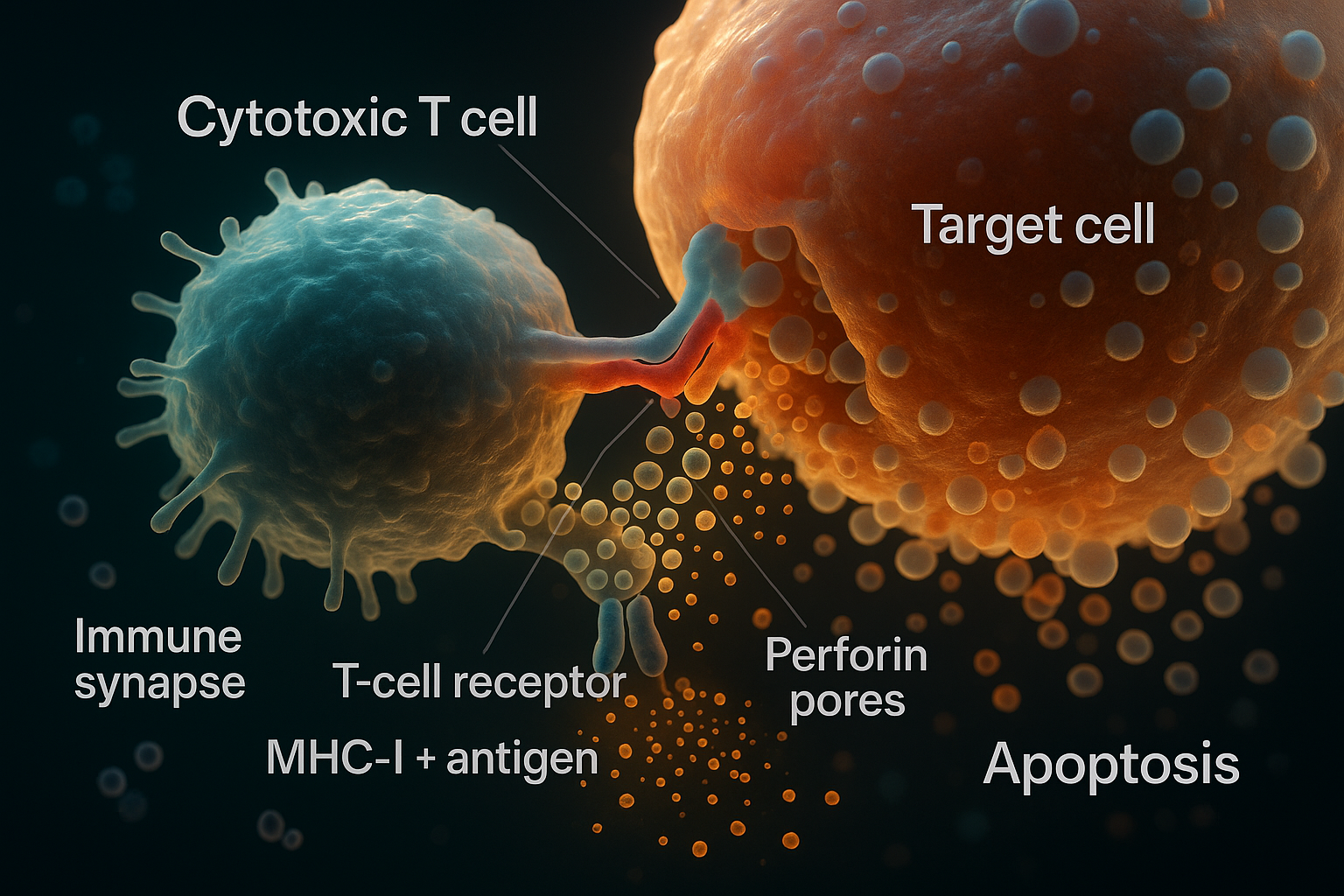 Cinematic 3D render of a cytotoxic T cell docked against a larger target cell, forming an immune synapse, firing cytotoxic granules that create perforin pores in the target membrane through which granzymes enter, as the target cell begins to bleb and undergo apoptosis
