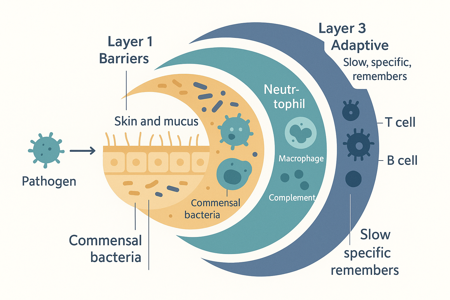 A layered cross-section of the body's defences shown as concentric walls: an outer wall of skin and mucus barriers, a middle ring of fast innate immune cells and complement, and an inner ring of specific adaptive lymphocytes, with a pathogen having to breach each layer in turn
